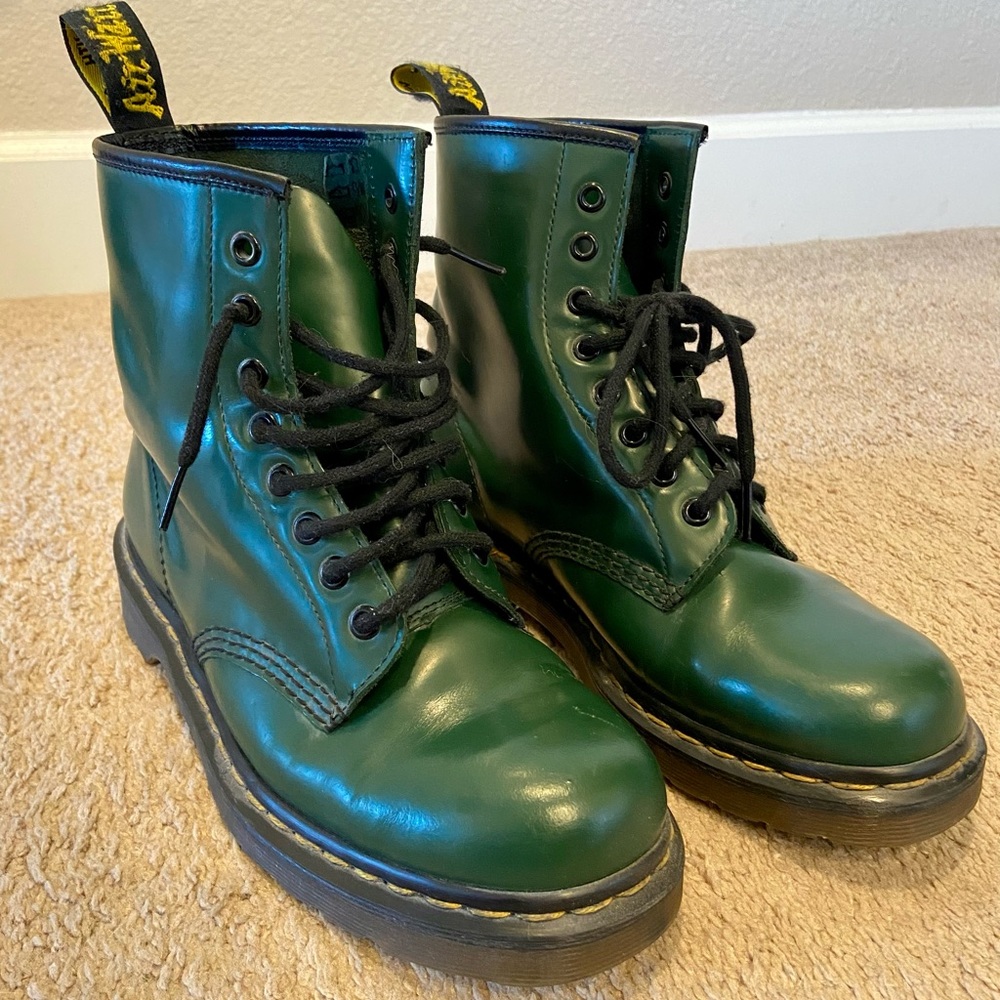 Green Dr Martens combat boot
